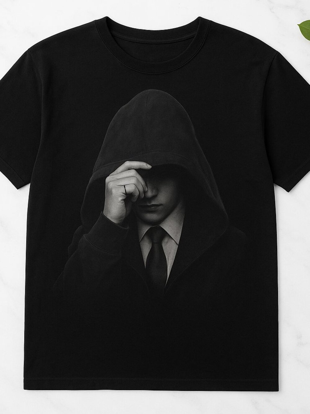 Mysterious Hooded Man T Shirt Dark Gothic Black & White Graphic Tee